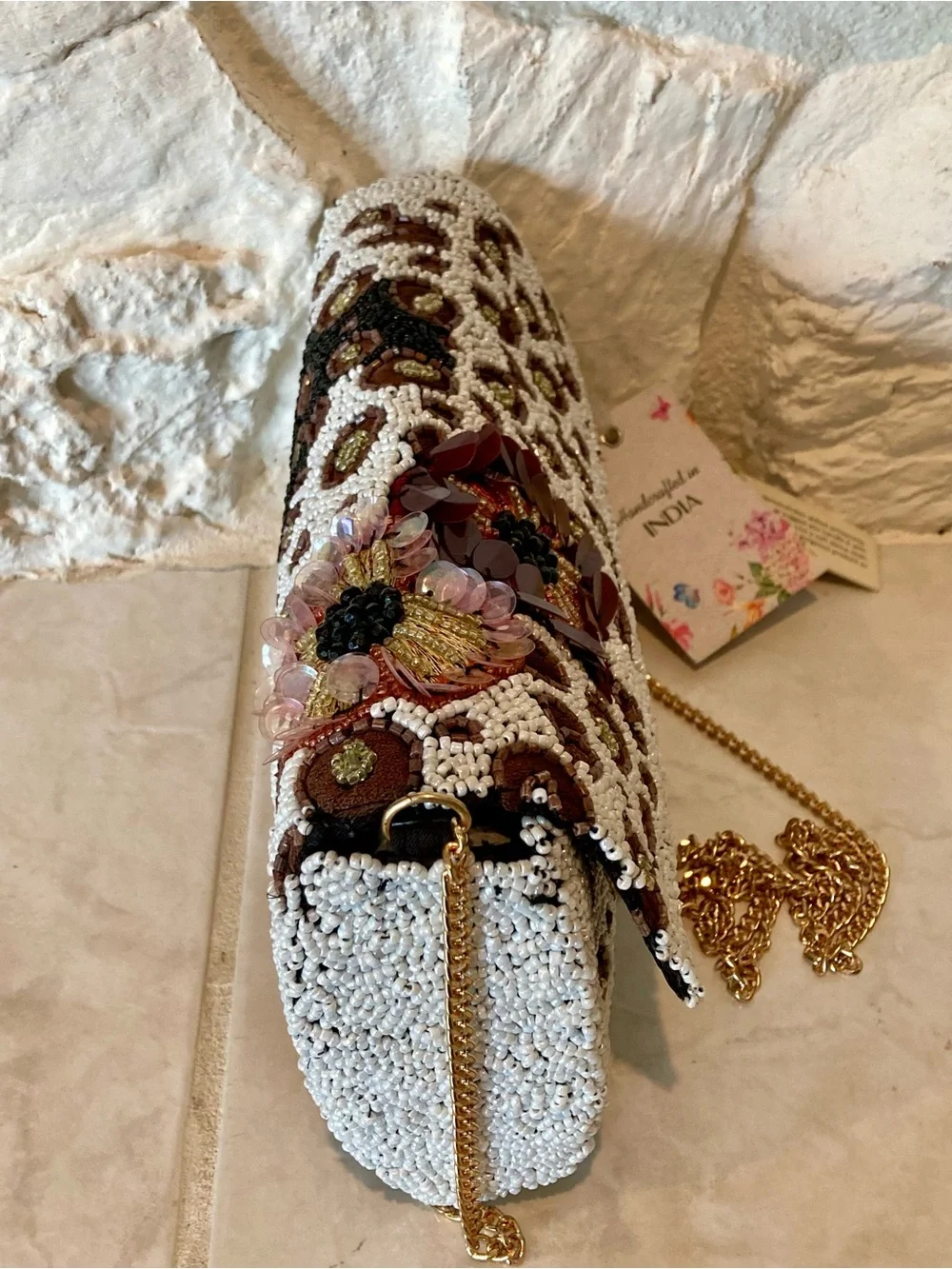 NWT “Handcrafted in India” flap front glass beaded leopard print pattern clutch